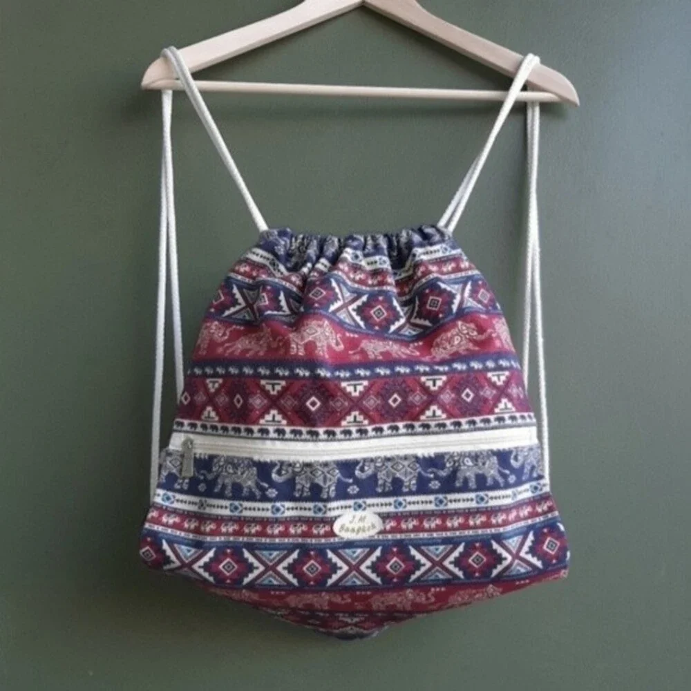J.M. Bangkok Canvas Backpack Drawstring Gym Bag Ethnic Bohemian w/zip Pocket